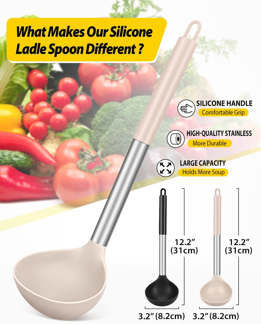 Pack of 2 Ladle Spoon Silicone Large Spoon for Soup Non Stick Kitchen Utensils with High Heat Resistant BPA Free Perfect Kitchen Tools for Cooking  Stirring Serving Soups (BLACK-KHAKI)