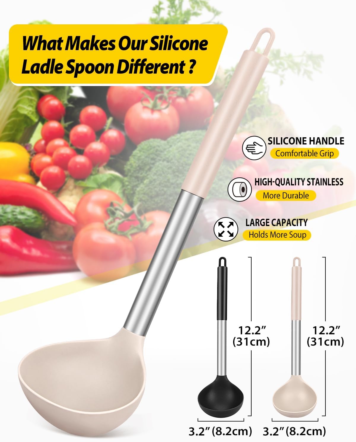 Pack of 2 Ladle Spoon Silicone Large Spoon for Soup Non Stick Kitchen Utensils with High Heat Resistant BPA Free Perfect Kitchen Tools for Cooking  Stirring Serving Soups (BLACK-KHAKI)