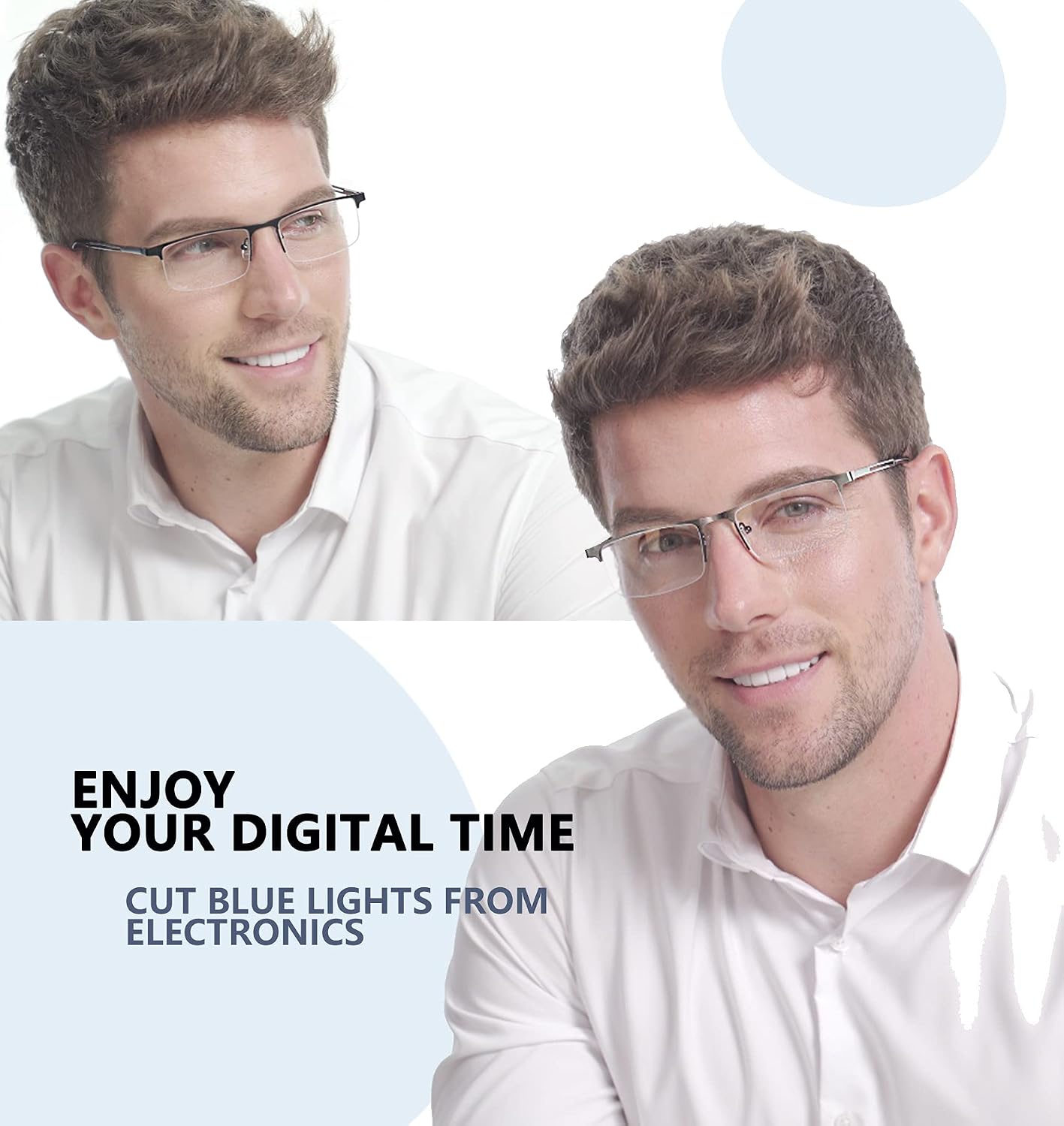 JJWELL 3 Pack Blue Light Reading Glasses for Men  Lightweight Metal Rectangle Semi Rimless Readers for Men  Anti Eyestrain/Computer Glare/UV  Half Frame Spring Hinge Eyeglasses with Pouches