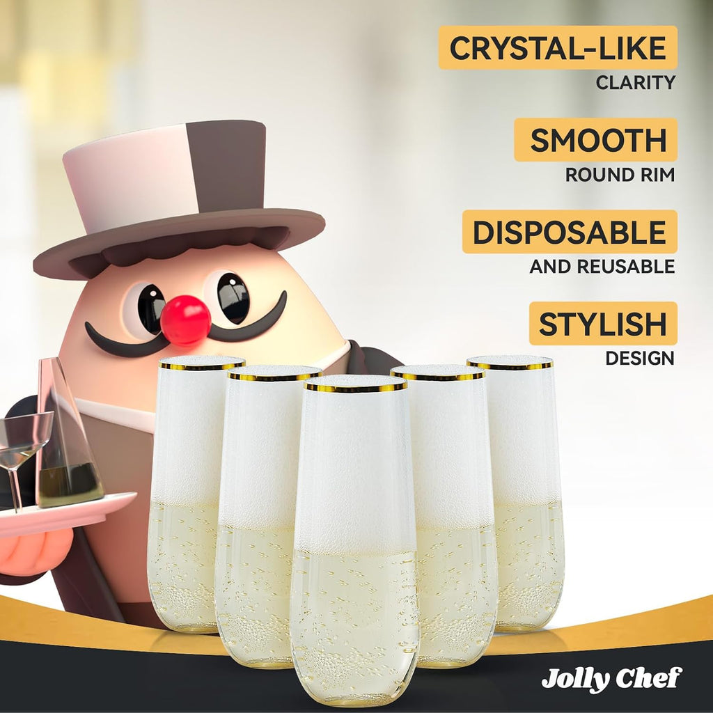 JOLLY CHEF 24 Pack Stemless Plastic Champagne Flutes Disposable 9 Oz Gold Rim Clear Plastic Toasting Glasses Shatterproof Recyclable for Party  Wedding  Birthday  Christmas