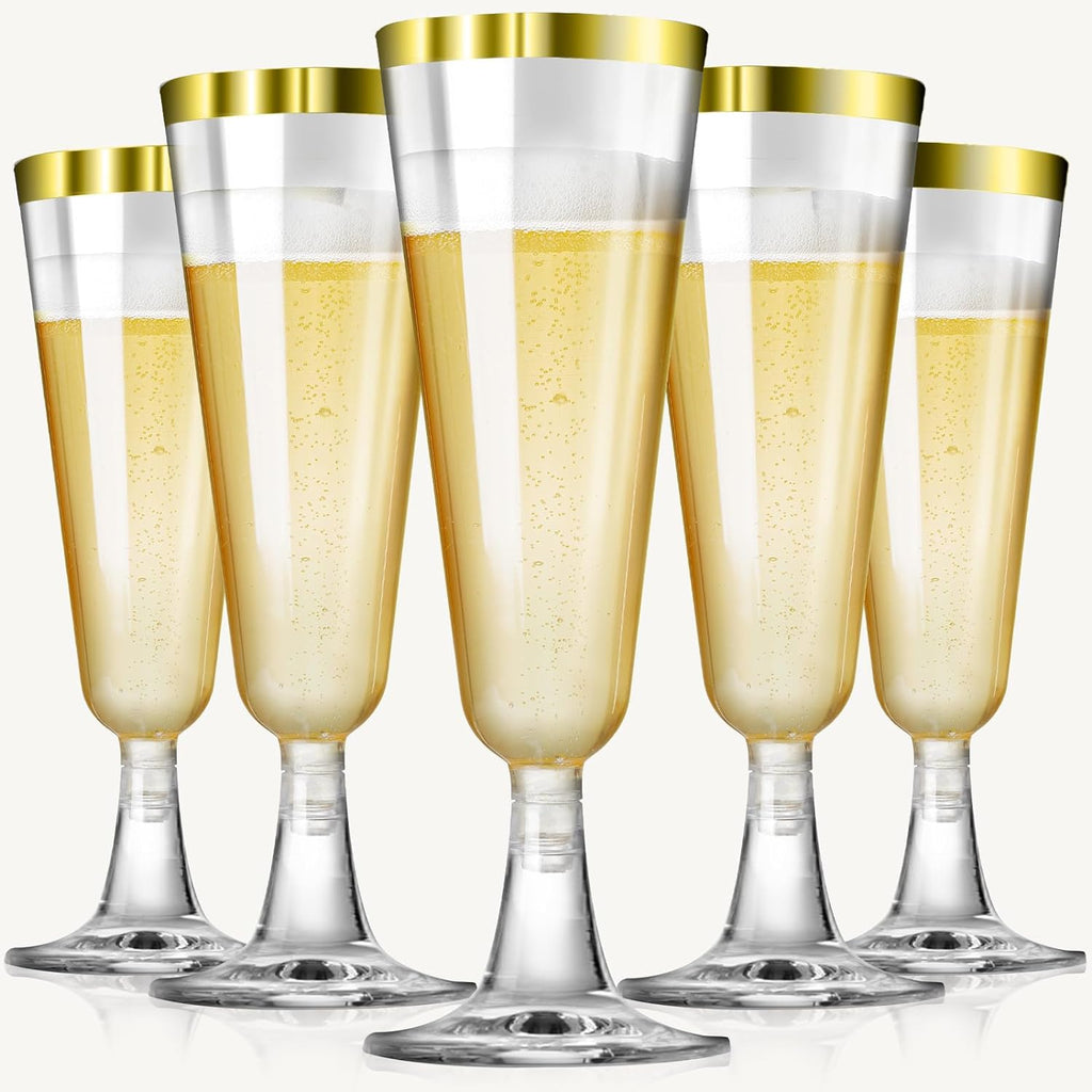 SUREHOME Champagne Flutes Plastic Champagne Glasses Disposable 100 Pack 5 Oz Gold Rim Mimosa Glasses Acrylic Wedding Toasting Cocktail Cups for New Years Eve Party Supplies 2026 New Years Decorations