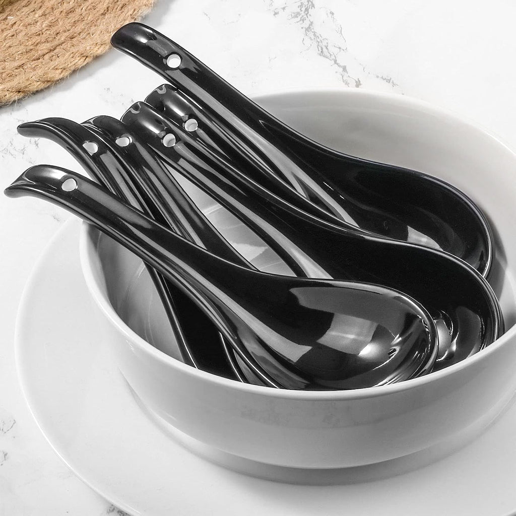 Black Ceramic Soup Spoons Set  6.75 inch Deep Oval Hook Design  Dishwasher Safe - Perfect for Ramen  Pho  Noodles  Stews  Wonton  Dumpling  Miso