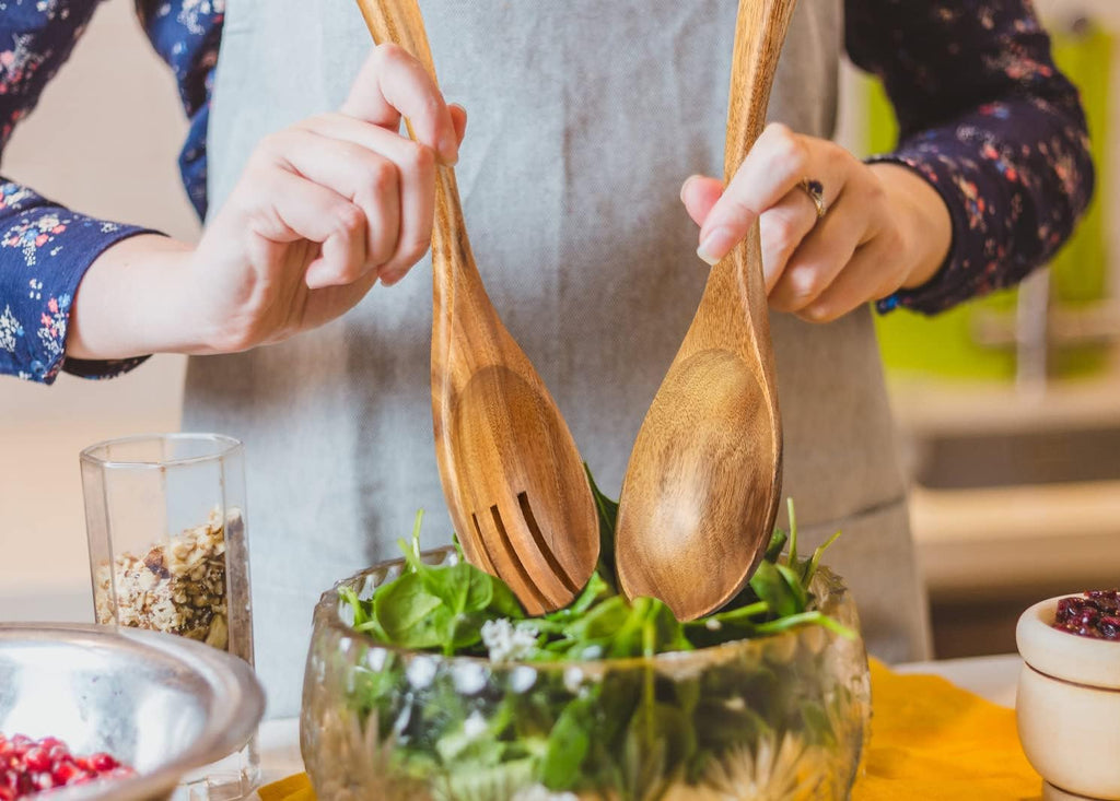 Salad Servers  Wood Salad Tongs  10.2in Salad Spoon and Fork Set  Long Handle Salad Server Set for Mixing  Tossing and Cooking