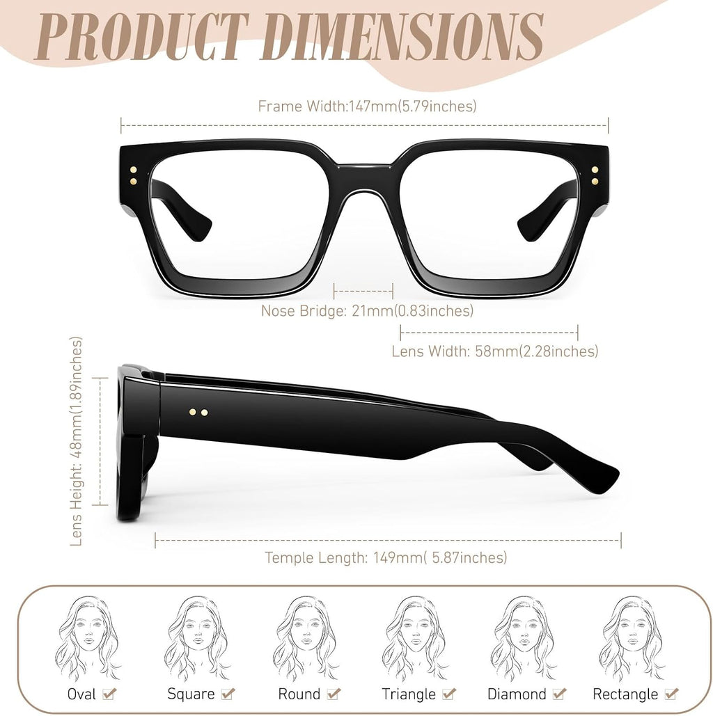 Oversized Thick Square Fake Glasses for Women Men Fashion Preppy Clear Lens Eyeglasses with 100% UV400 Protection
