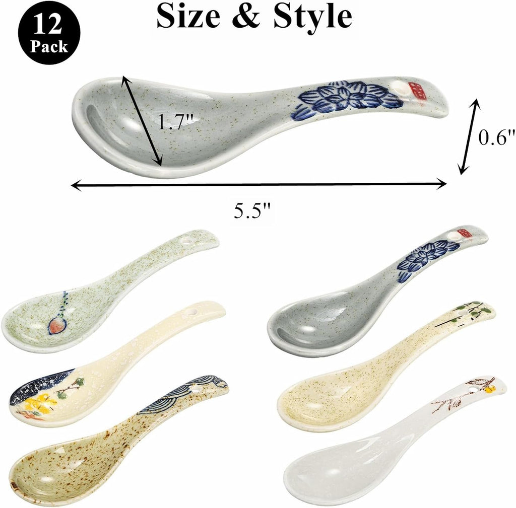 Set of 12 Asian Soup Spoons Ceramic  Retro Japanese Soup Spoons  Delicate Chinese Serving Spoon  Porcelain Ramen Spoon for Pho Miso Noodles Dessert Wonton Dumpling  Dishwasher Safe  5.5''L
