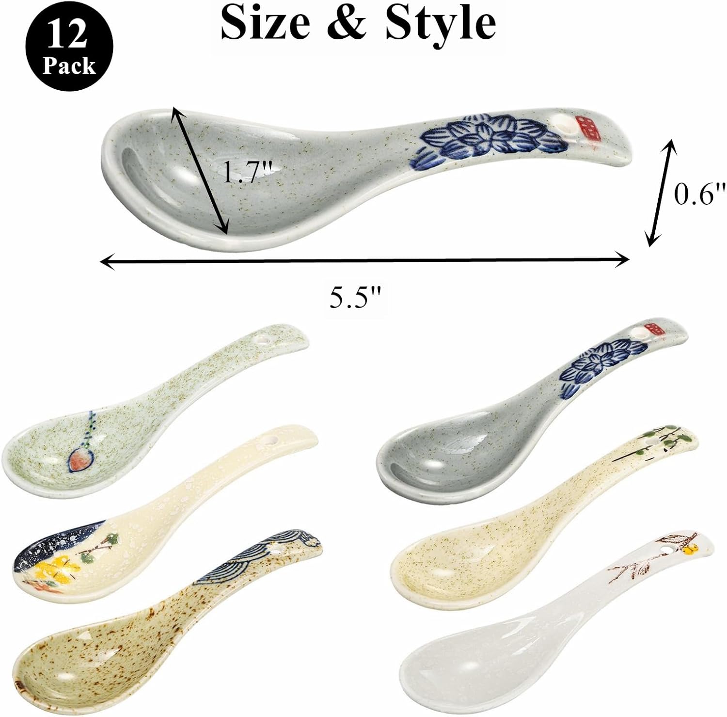 Set of 12 Asian Soup Spoons Ceramic  Retro Japanese Soup Spoons  Delicate Chinese Serving Spoon  Porcelain Ramen Spoon for Pho Miso Noodles Dessert Wonton Dumpling  Dishwasher Safe  5.5''L