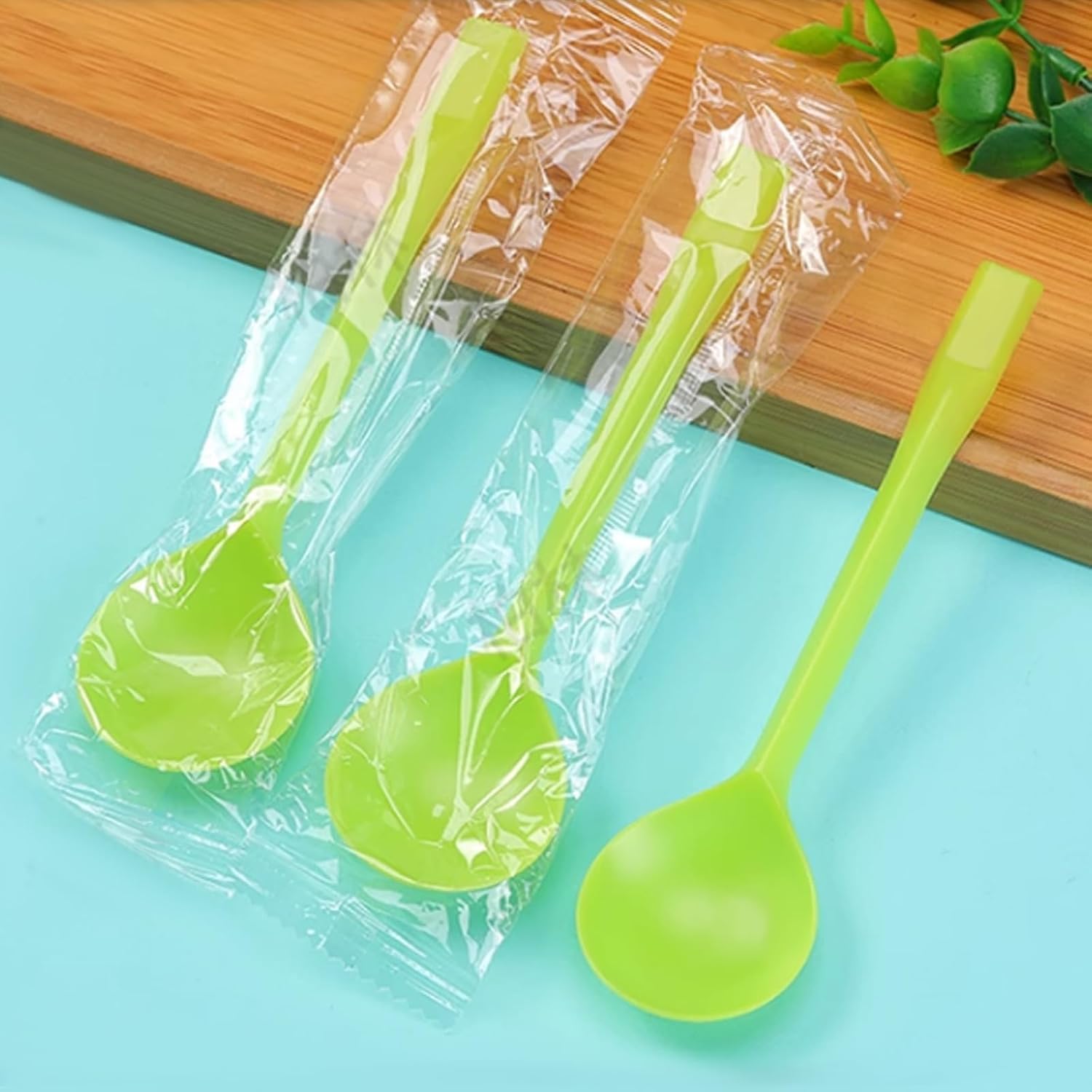 Pack of 100 Extra-Heavy Weight Disposable Plastic Spoons Individual Wrapped Soup Spoons for Soup Dessert Ice Cream Take Out Spoon (Green)