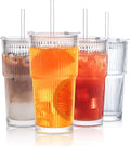 INSETLAN 20 oz Ribbed Glass Tumblers with Lids and Glass Straws – 4-Piece Glassware Set  Thickened Wall  Ideal for Iced Coffee  Smoothies  Cocktails  and Juices – Elegant and Durable Drinkware