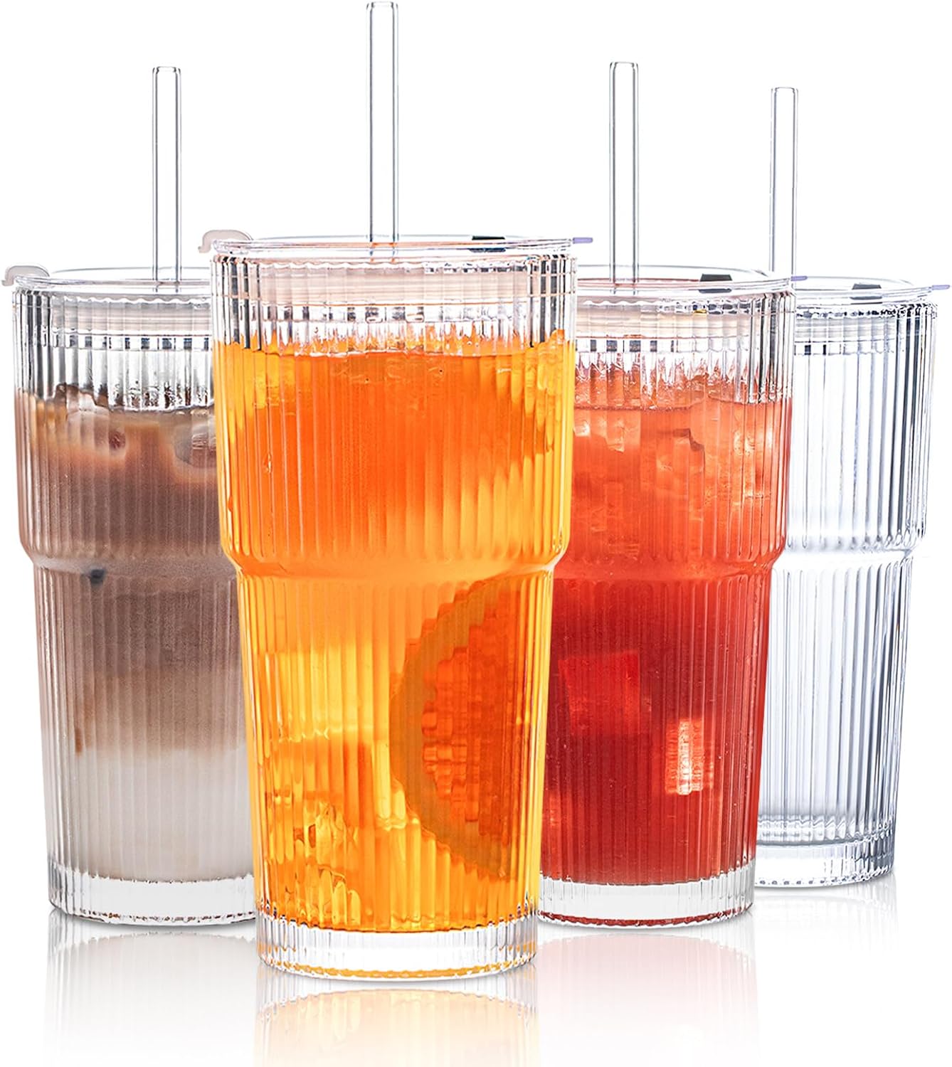 INSETLAN 20 oz Ribbed Glass Tumblers with Lids and Glass Straws – 4-Piece Glassware Set  Thickened Wall  Ideal for Iced Coffee  Smoothies  Cocktails  and Juices – Elegant and Durable Drinkware