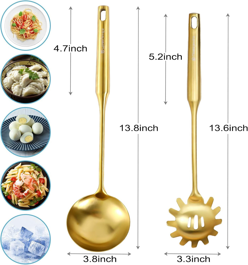 Gold Soup Ladle and Spaghetti Spoon Set - 18/10 Stainless Steel Soup Spoon，Pasta Strainer  13.8" Kitchen Utensils for Cooking，Stirring  Serving Pasta  Soup & Sauce  Christmas Gifts