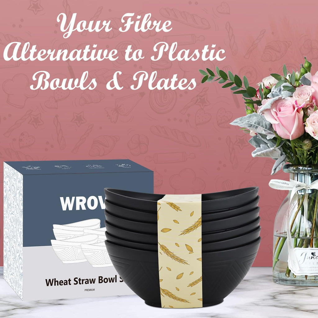 Wrova 65oz Big Wheat Straw Bowls - Large Salad Bowls set of 6 - Unbreakable Serving Bowls - Microwave & Dishwasher Safe - Oval Bowls for Cereal Salad Fruit - Pure Black