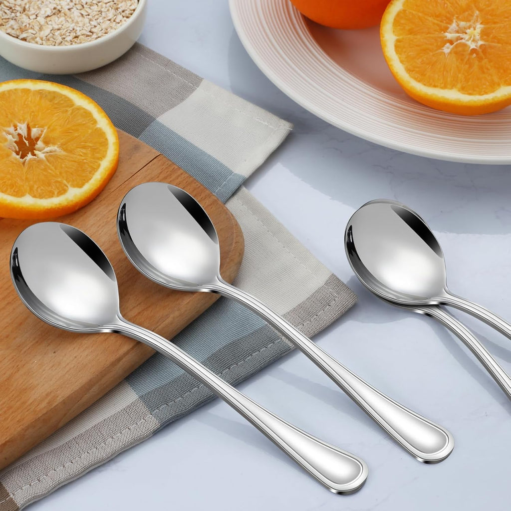Soup Spoons - 24 PCS Round Spoon  6.9 Inch Stainless Steel Korean Spoons for Soup  Cereal  Dessert  Dishwasher Safe & Line Pattern
