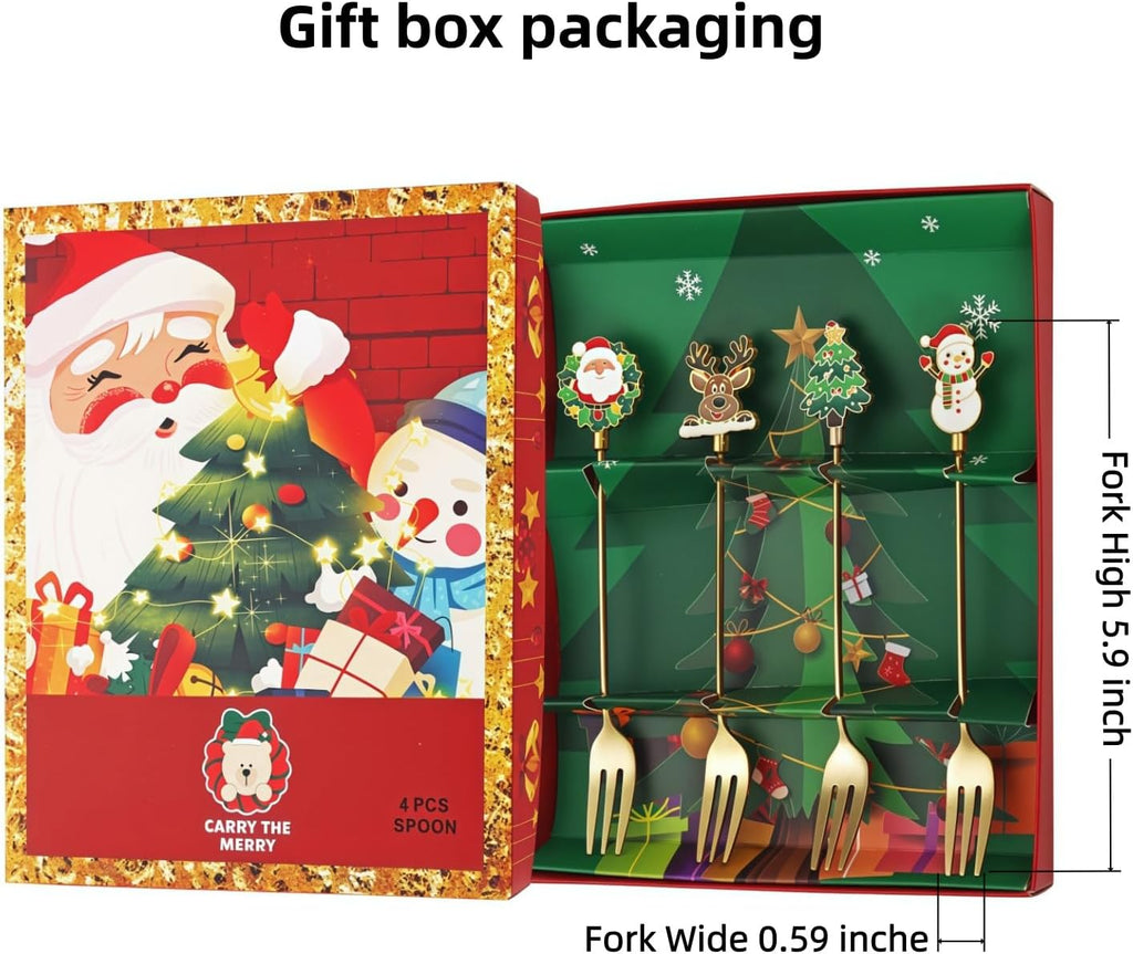 4-Piece Christmas Forks Set Premium 304 Forks Stainless Steel Dishwasher Safe.Small Gold Forks for Cake Dessert Salad Appetizers Fruit Olive& Cocktail for Afternoon Tea  Festive Party Table Setting