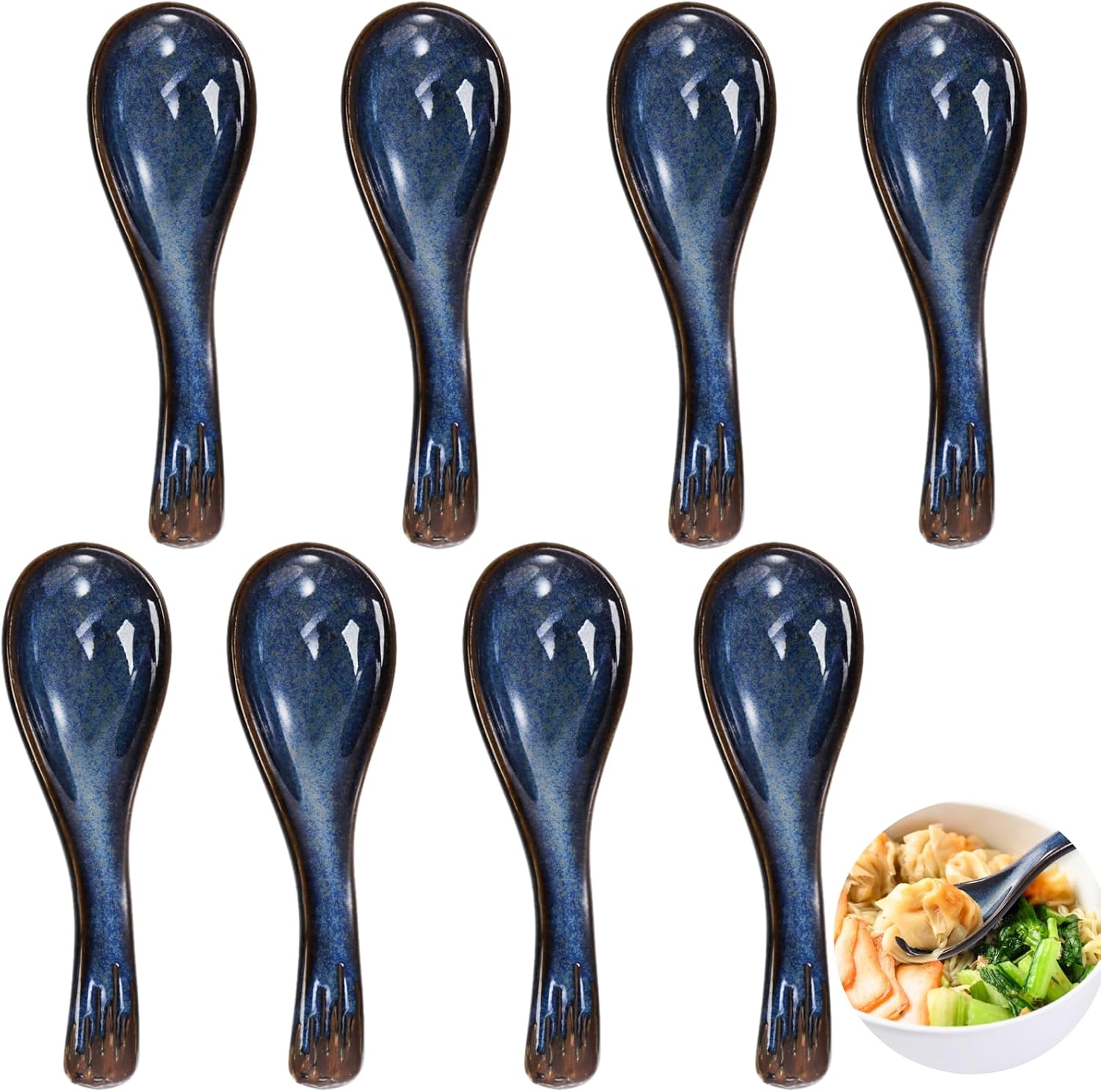 Set of 8 Asian Soup Spoon Ceramic  Blue Chinese Soup Spoons with Non-Slip Bottom  Retro Porcelain Japanese Pho Spoons for Ramen  Wonton  Noodle  Miso  Dumpling  Dishwasher Safe  5.2" L