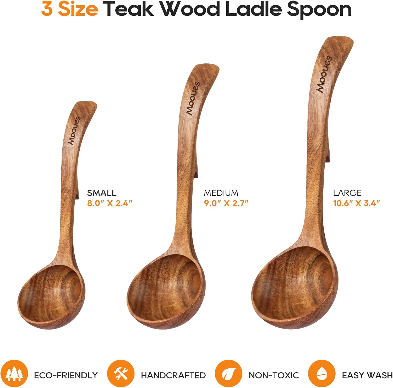 Wooden Ladle for Soup  3 Size Teak Wood Ladle Spoon with Back Hooks  Heat Resistant Wooden Spoons for Cooking  Non-Stick  Comfortable Grip  Wood Kitchen Utensils Set for Serving  Stirring