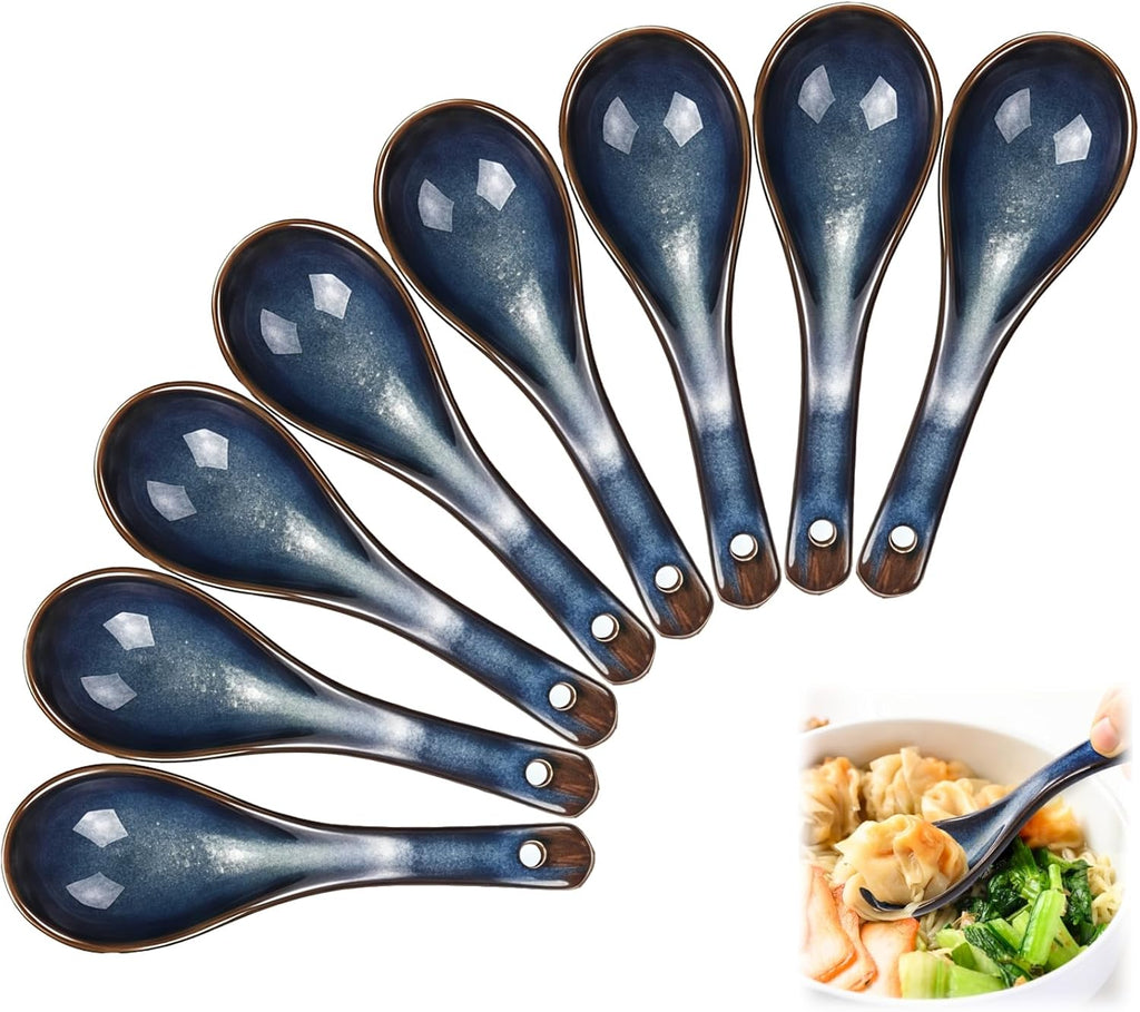 Set of 8 Asian Soup Spoon Ceramic  Blue Chinese Soup Spoons with Non-Slip Bottom  Retro Porcelain Japanese Pho Spoons for Ramen  Wonton  Noodle  Miso  Dumpling  Dishwasher Safe  5.2" L