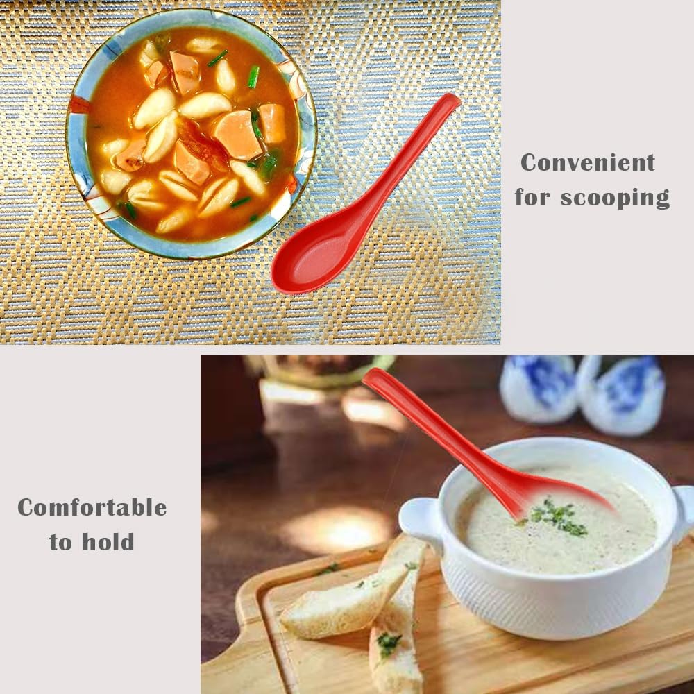 6Pcs Asian Soup Spoons Wiht HookRed and Black Chinses Soup Spoon  Perfect for Buckwheat Noodles  Rice  Rice Noodles  Lamian Noodles  Wonton(Long Handle)