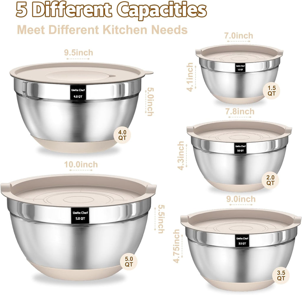 Umite Chef Mixing Bowls with Airtight Lids Set  8PCS Stainless Steel Khaki Nesting Bowls with Grater Attachments  Kitchen Bowls with Non-Slip Bottoms  Size 5  4  3.5  2  1.5QT for Mixing & Serving