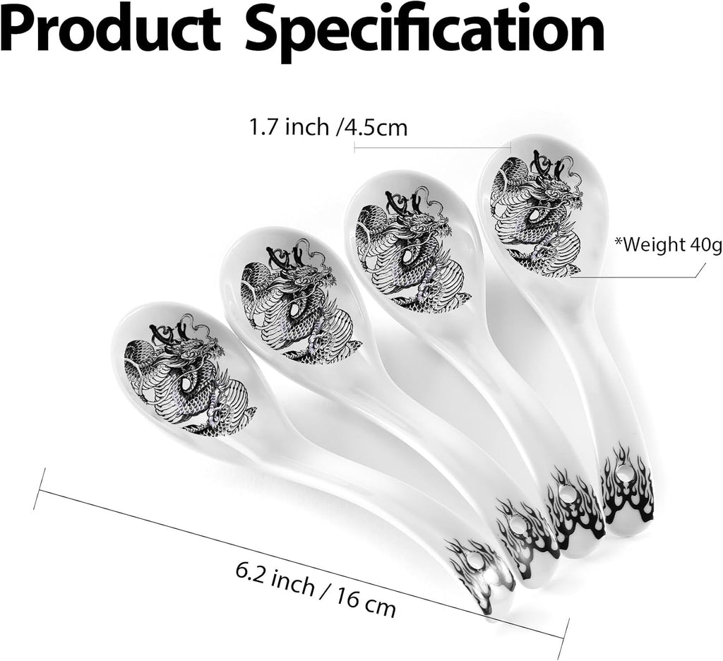 Hagary Ceramic Spoon Soup Spoons Asian Soup Spoon Chinese Korean Japanese Ramen Spoons Set of 4 with Hole 6.2 Inch (Black - Dragon New)