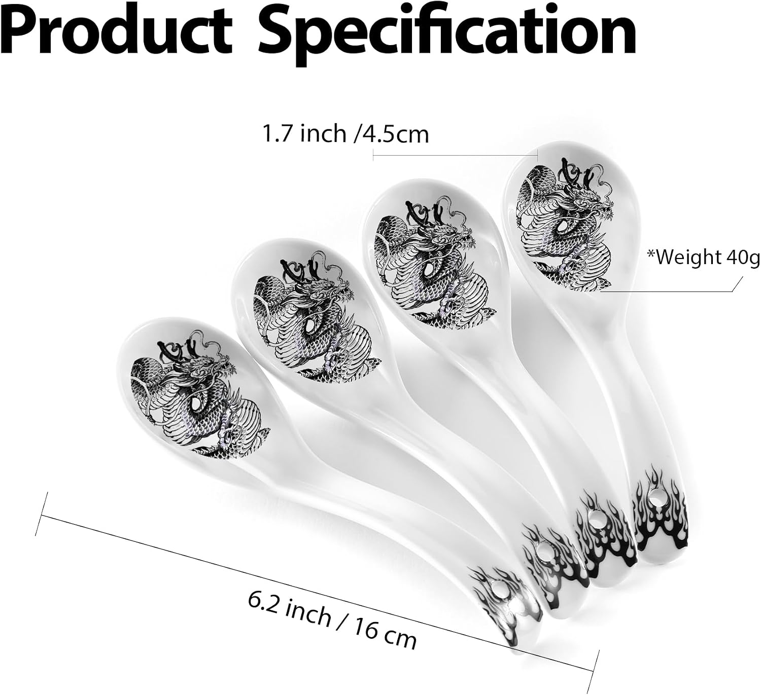 Hagary Ceramic Spoon Soup Spoons Asian Soup Spoon Chinese Korean Japanese Ramen Spoons Set of 4 with Hole 6.2 Inch (Black - Dragon New)