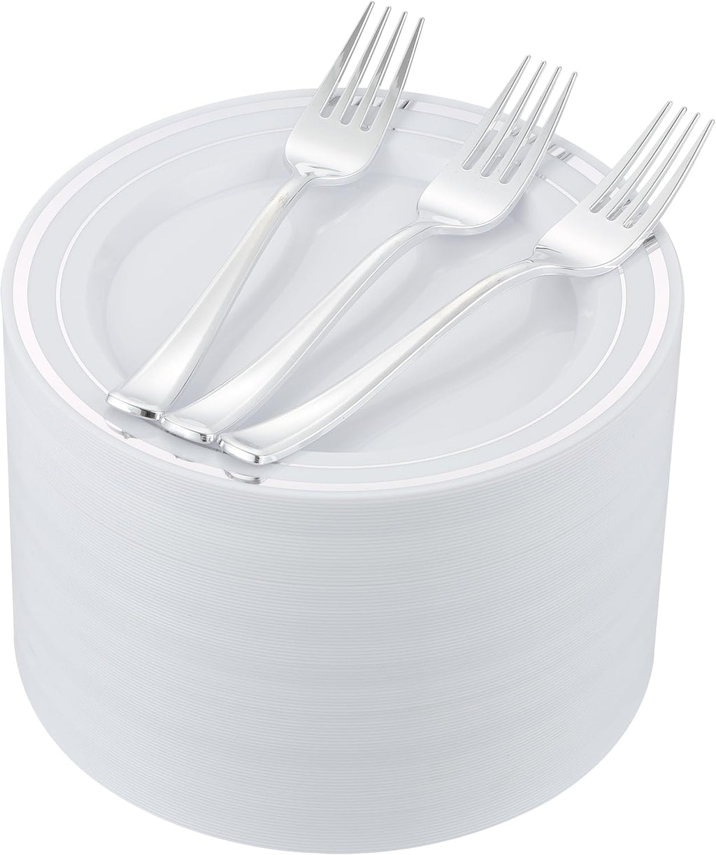 200pcs Silver Dessert Plates with Forks for 100 Guests-100pcs 7.5" Disposable Silver and White Small Plates with 100pcs 7.4" Forks-Cake/Appetizer/Salad Plate for Wedding Birthday Party