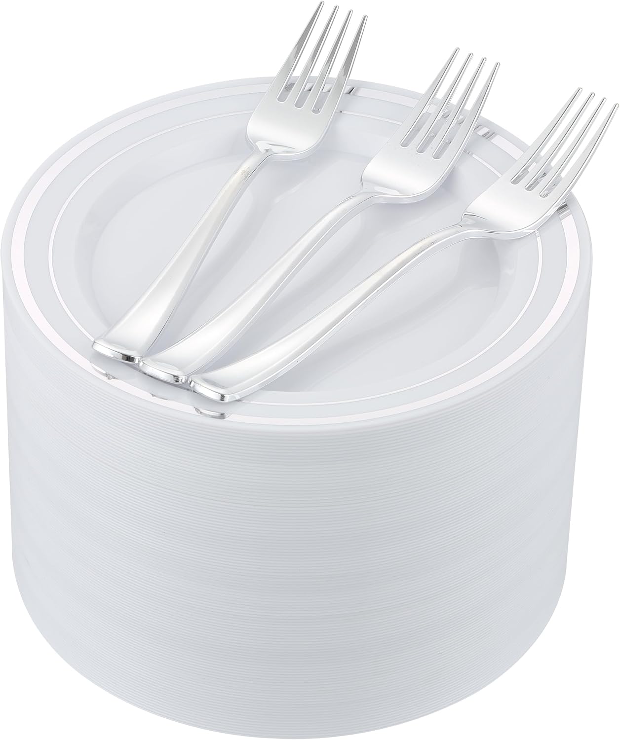 200pcs Silver Dessert Plates with Forks for 100 Guests-100pcs 7.5" Disposable Silver and White Small Plates with 100pcs 7.4" Forks-Cake/Appetizer/Salad Plate for Wedding Birthday Party