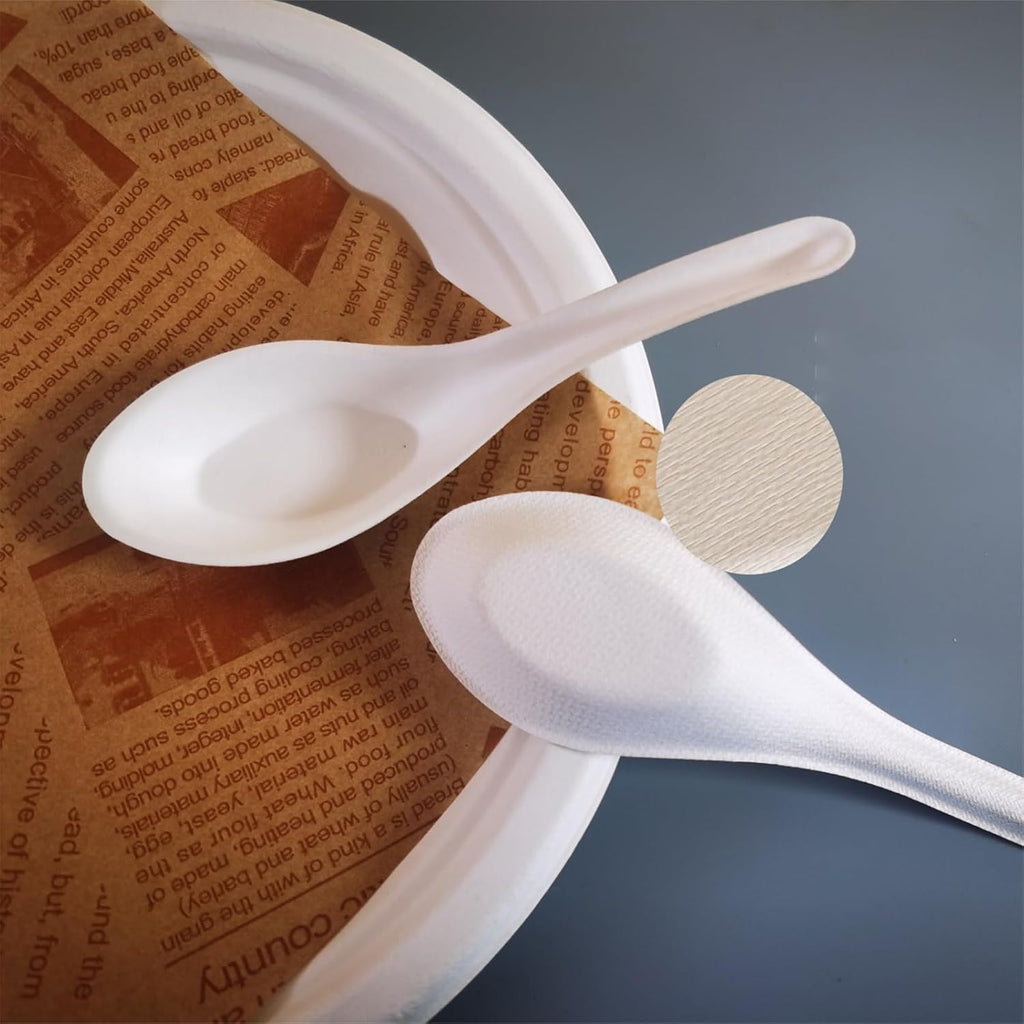 Eco Friendly Disposable Soup Spoons  Sugarcane Fiber Spoon  Healthy and Sturdy  5.5" Asian Soup Spoons  for Take-out Ramen Pho Noodles(50PCS)
