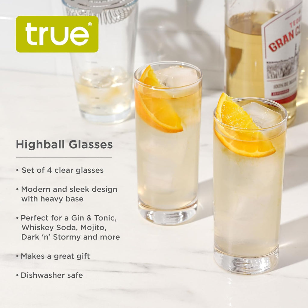 True Highball Glasses  Tall Glass Tumbler for Cocktails  Mojito Iced Tea Juices  Soda Water Drinking Cups  Kitchen Glassware  Home Bar  11 oz Set of 4