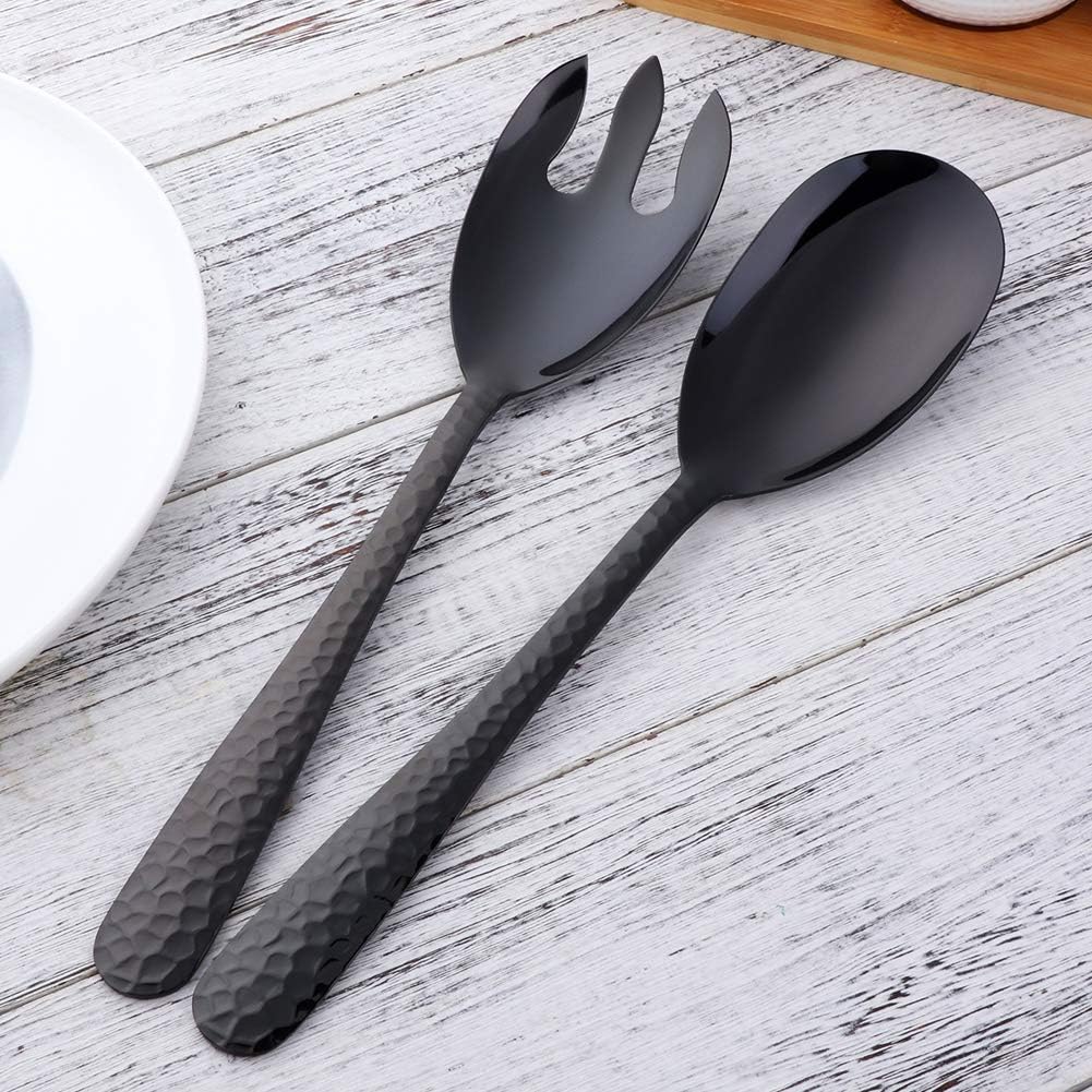 Salad Spoon and Fork Set  12 Inch Stainless Steel Salad Server  Black Serving Utensils  Dishwasher Safe  Pack of 2