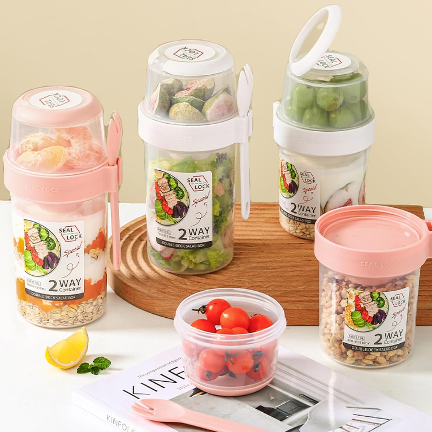 Breakfast On The Go Cups  Salad Cup To Go  Take And Go Yogurt Cereal Overnight Oats Snack Parfait Containers & Salad Dressing Holder With Fork For Lunch  Fruit & Vegetable Jar(Pink 36.2oz)