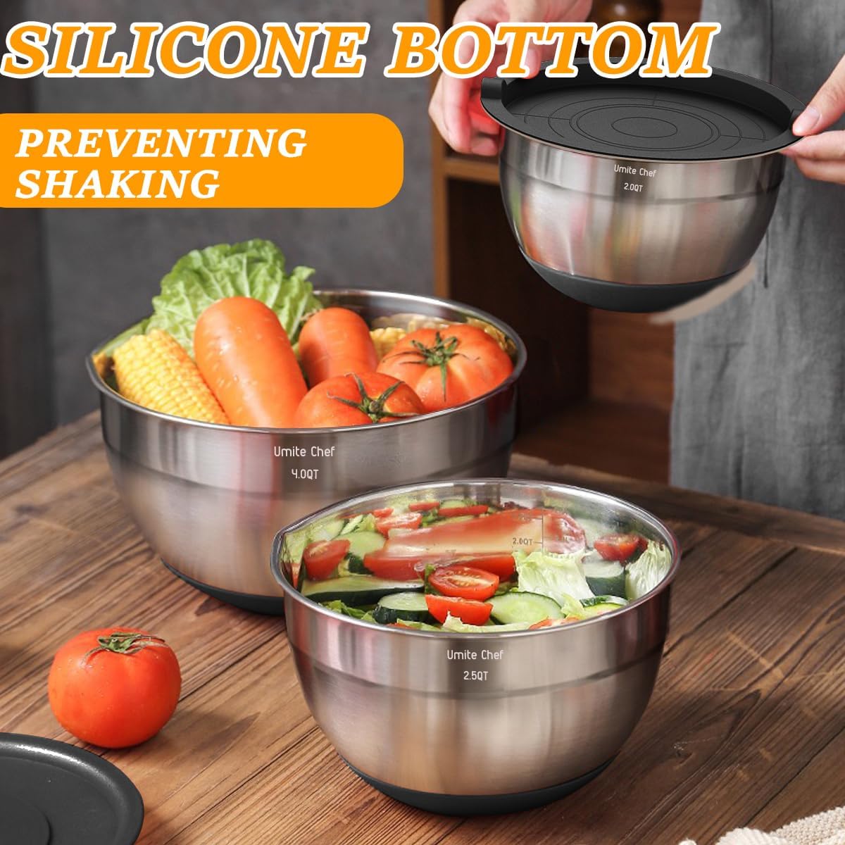 Umite Chef Mixing Bowls with Airtight Lids  26Pcs Stainless Steel Bowls Set  3 Grater Attachments & Black Non-Slip Bottoms Size 7  4  2.5  2.0 1.5  1QT  Great for Mixing & Serving