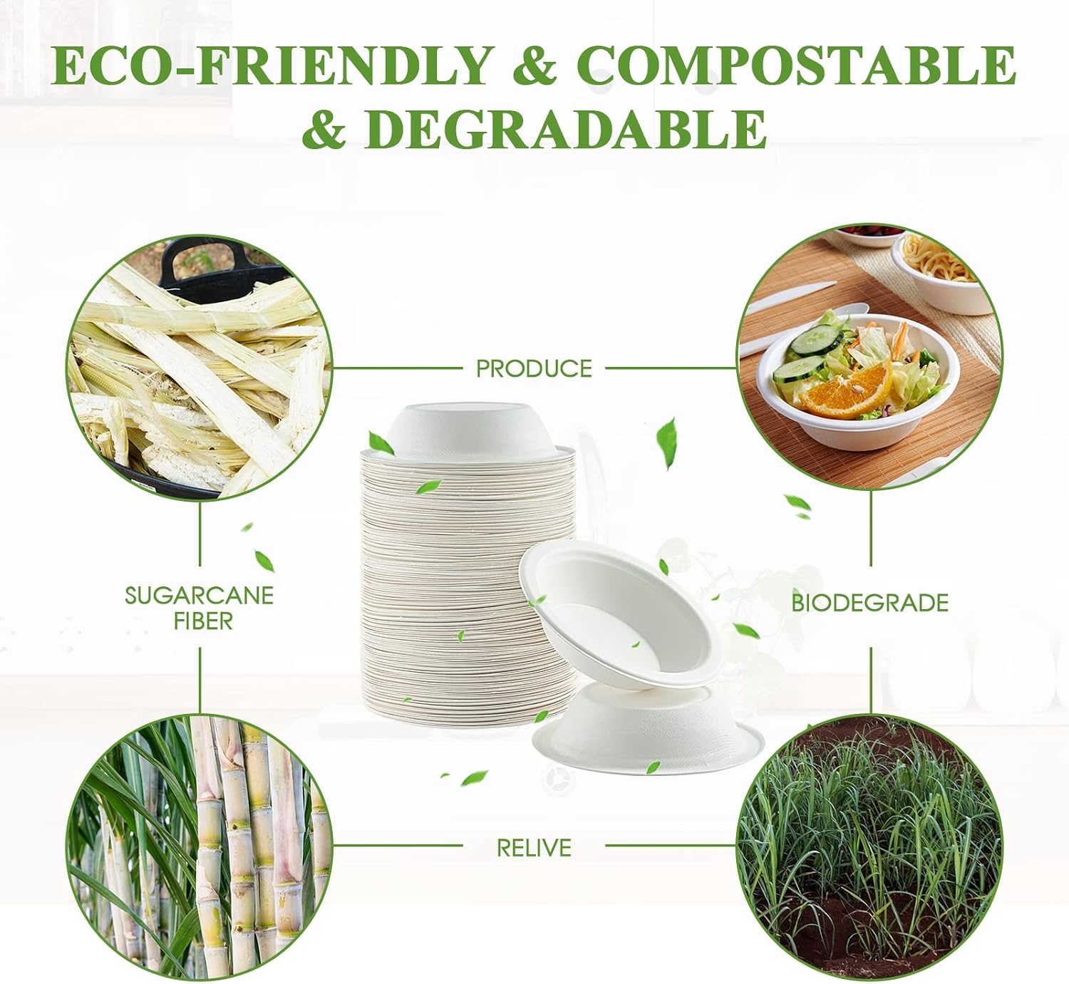 Vplus 200 Pack 16 OZ Paper Bowls  Disposable Compostable Bulk  Eco-friendly Bagasse  Heavy-duty Bowls Perfect for Milk Cereals  Snacks  Salads