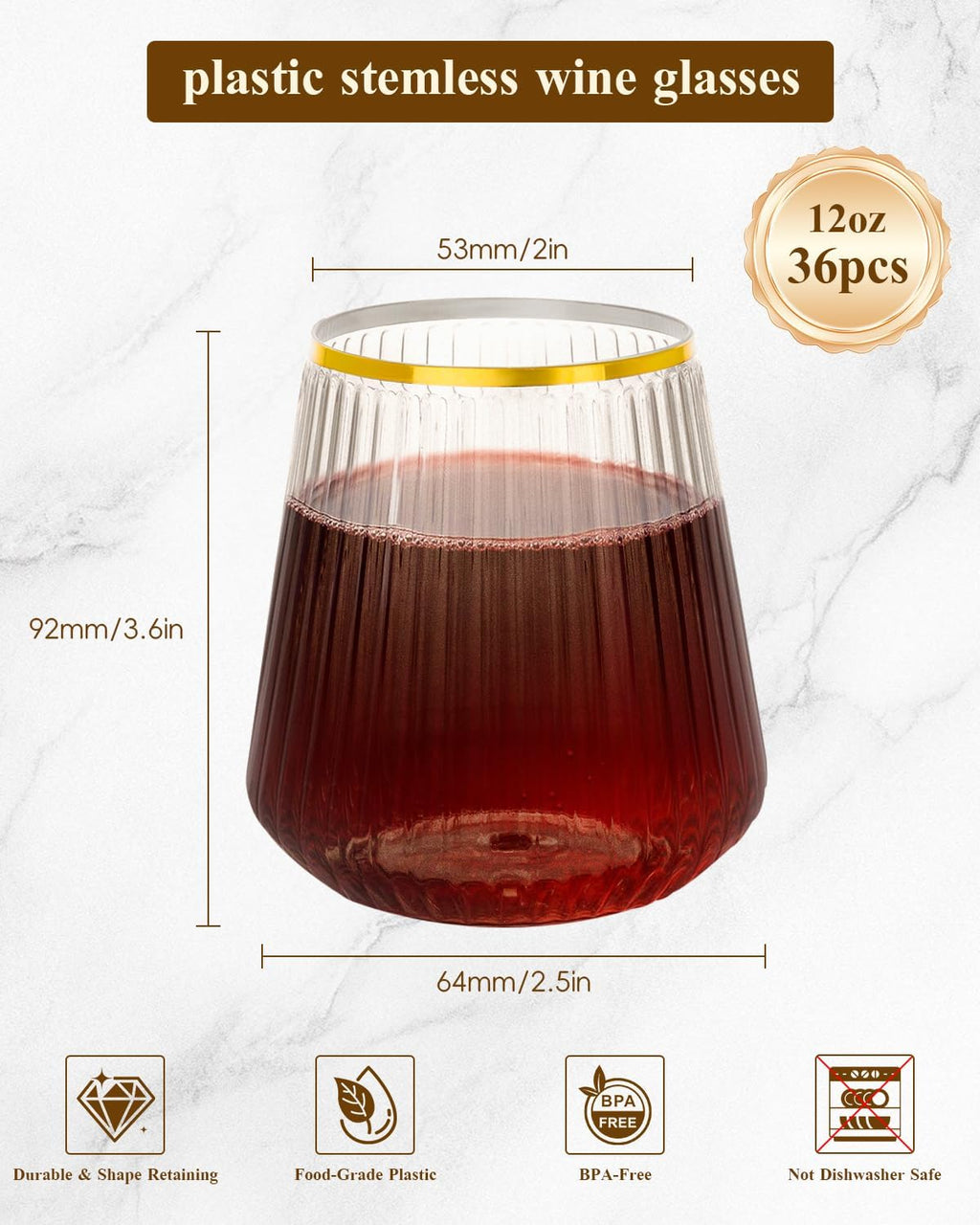 Goodluck 36 Pack 12oz Stemless Plastic Wine Glasses – Clear Ribbed Cups with Gold Rim  Fancy Reusable Disposable Drinkware for Weddings  Parties  Bars  Indoor and Outdoor Events