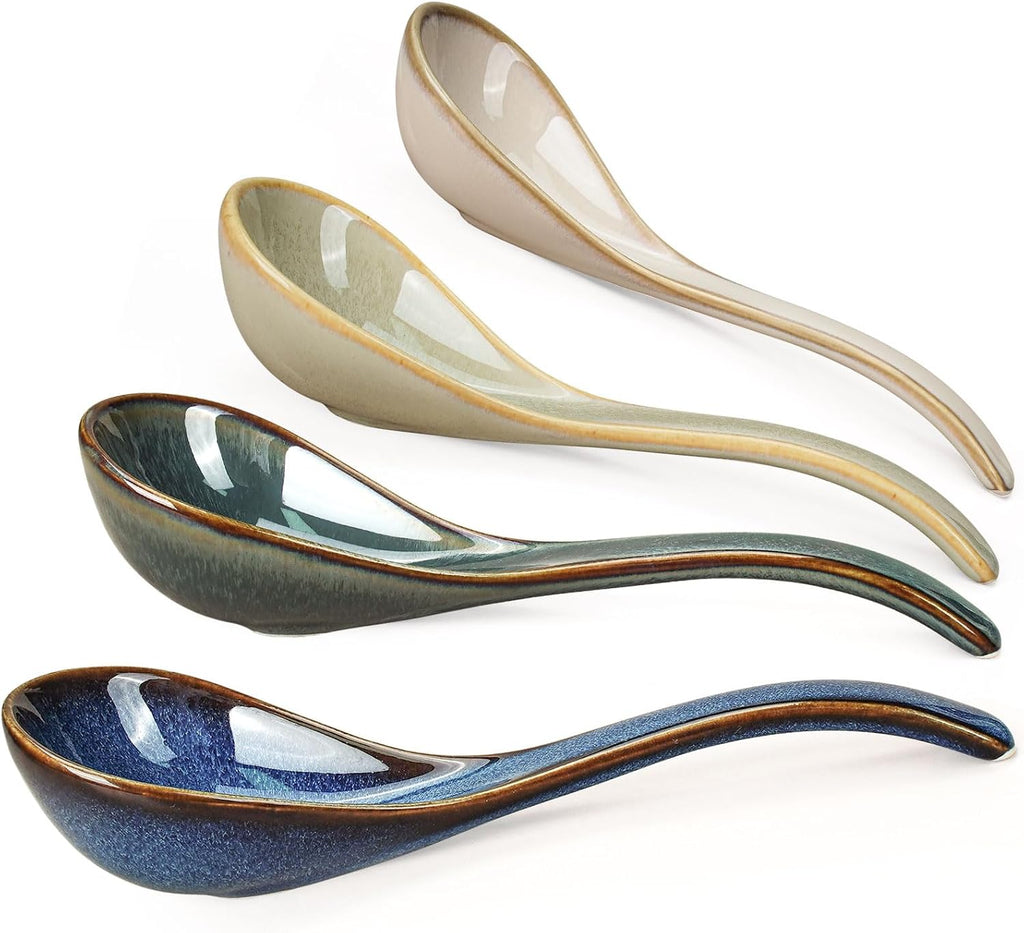 Artena Chinese Soup Spoons  Ceramic Asian Spoons with Deep Arc Anti-Roll Design  6.85 Inch Set of 4  Perfect for Ramen  Pho  Wonton Soup as Japanese Soup Spoon  Korean Spoon (Earth Tones)