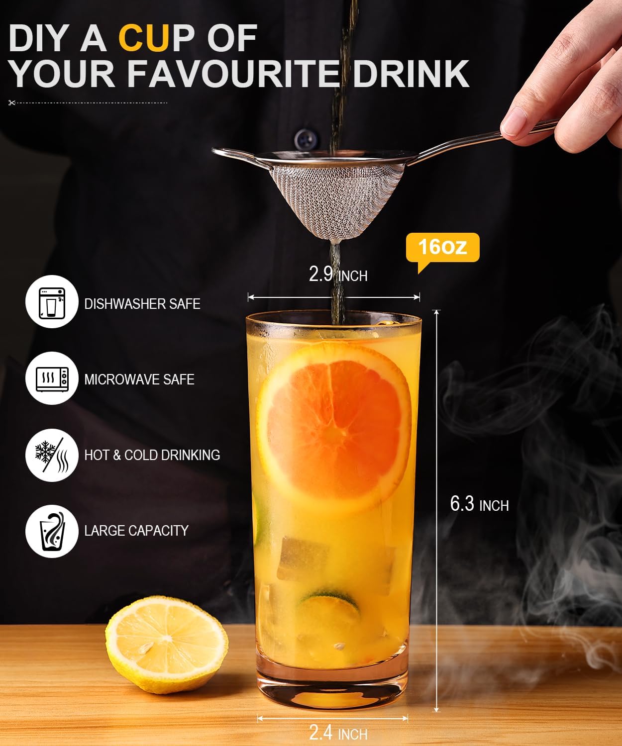 Drinking Glasses Set of 8  16 oz Water Glasses  Wide Mouth Design Lead-Free Crystal Highball Glassware  Tall Glass Cups for Cocktail Parties  Family Dinners  and Tom Collins Bar Glassware