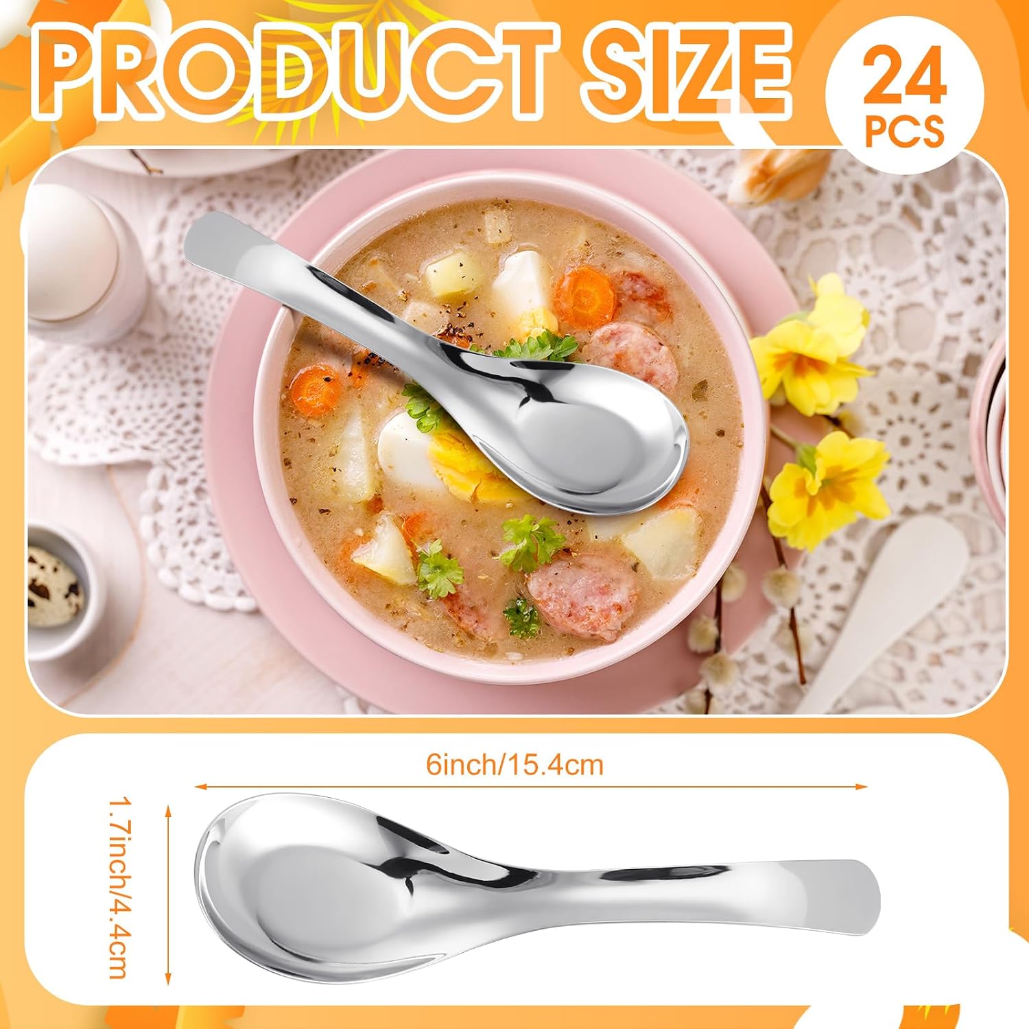 Tioncy 50 Pcs Stainless Steel Soup Spoons Mirror Polished Asian Soup Spoons for Bouillon Dessert Cereal Ramen Pho Wonton Dumpling Noodles