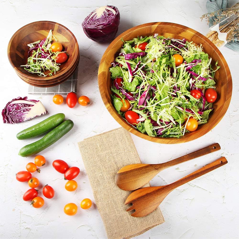 AIDEA Salad Bowls  Wooden Salad Bowls Set  Large Acacia Wood Serving Bowl for Fruits  Salad  12.5" Big Salad Bowl with Serving Utensils