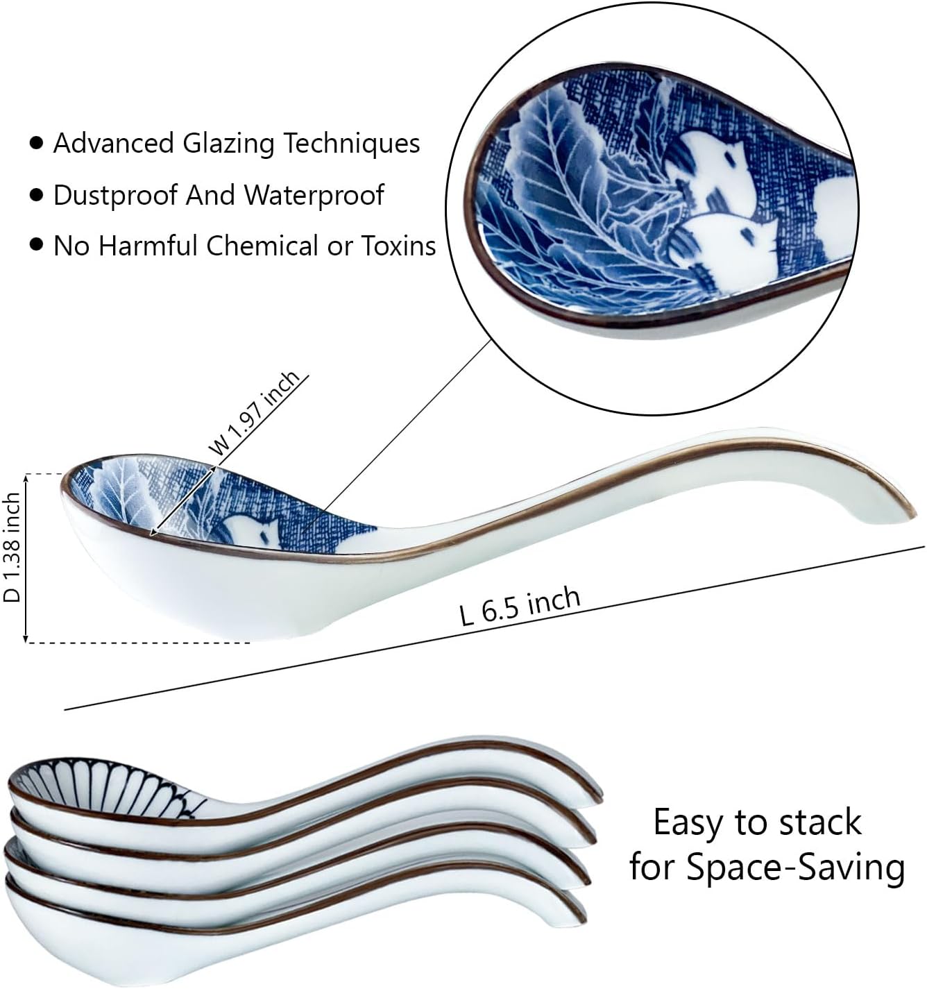 Asian Ceramic Soup Spoon  with Long Handle Easy to Hold  Non-slip Bottom  for Japanese Ramen  Chinese and Vietnamese Wonton  Noodle Soup Spoons (V86)