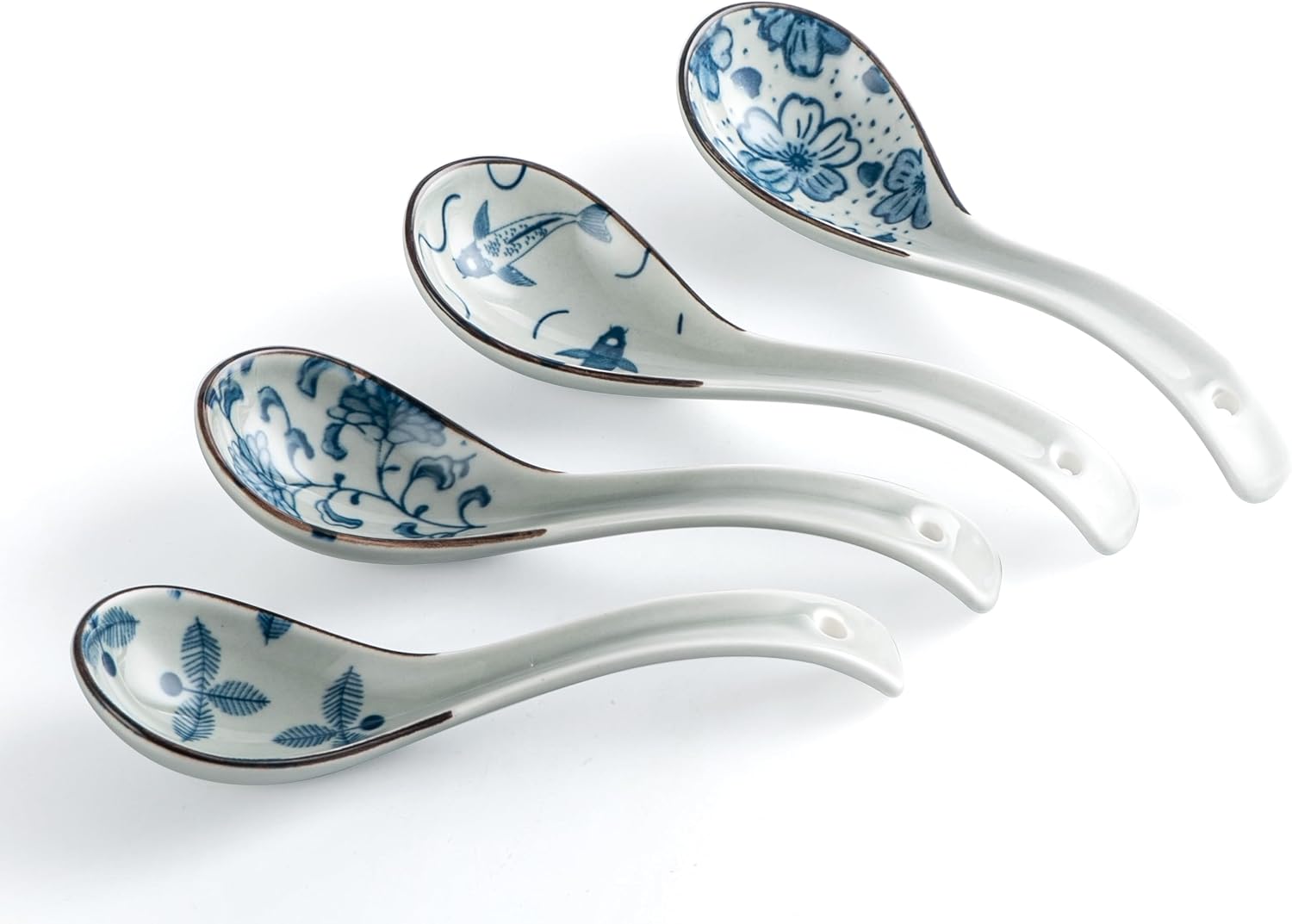 4Pcs Asian Soup Spoon Chinese Ceramic Soup Spoons Non-Slip Japanese Soup Spoon Ramen Spoons with Hook for Rice Pho Miso Soup Wonton Noodle (4  Retro Blue & White)