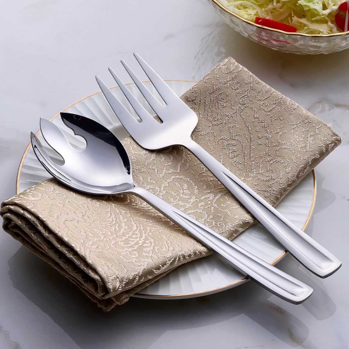 GoGeiLi Salad Server Set  9.5-inch Stainless Steel Salad Serving Utensil  2-Piece Large Salad Spoon and Fork Serving Set  Dishwasher Safe