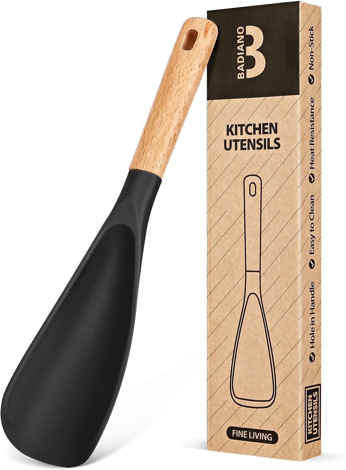 Cooking Spoon for Nonstick Cookwares  Great for Cooking and Serving Sturdy BPA-Free Matte Silicone  Wood Handle Spoon for Mixing  Scoop  and Scrape (BLACK  11.4 inch)