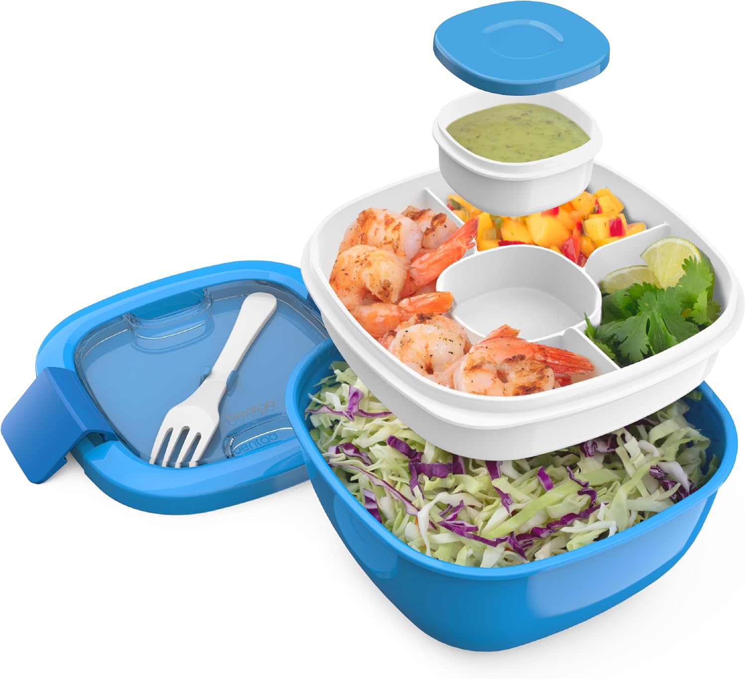 Bentgo Salad Container - 54 oz Bowl with 4-Compartment Toppings Tray  Leak-Proof Dressing Container  Reusable Fork  BPA-Free Lunch Box for Meal Prep & Food Storage; Removable Bento Tray (Blue)