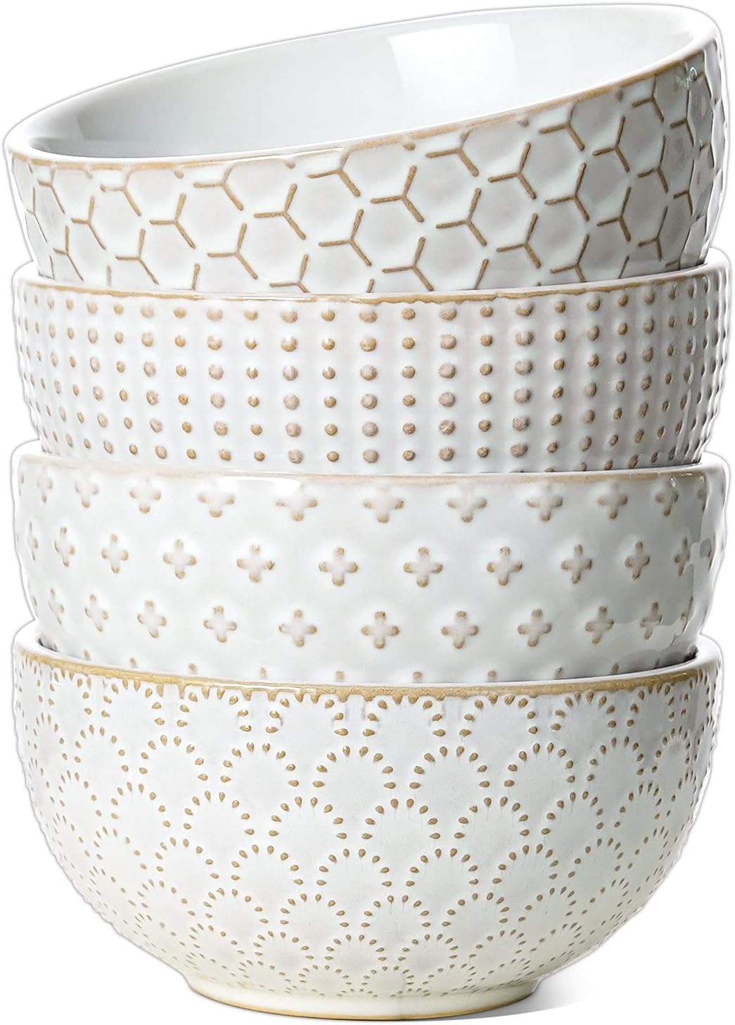LE TAUCI Cereal bowls 26 oz  Ceramic Soup Bowl for Kitchen  Embossment Stoneware Bowl for Pho  Chip  Fruits  Salad  Noodle  Ramen  Suit For Housewarming - 6 Inch  Set of 4  Arctic white