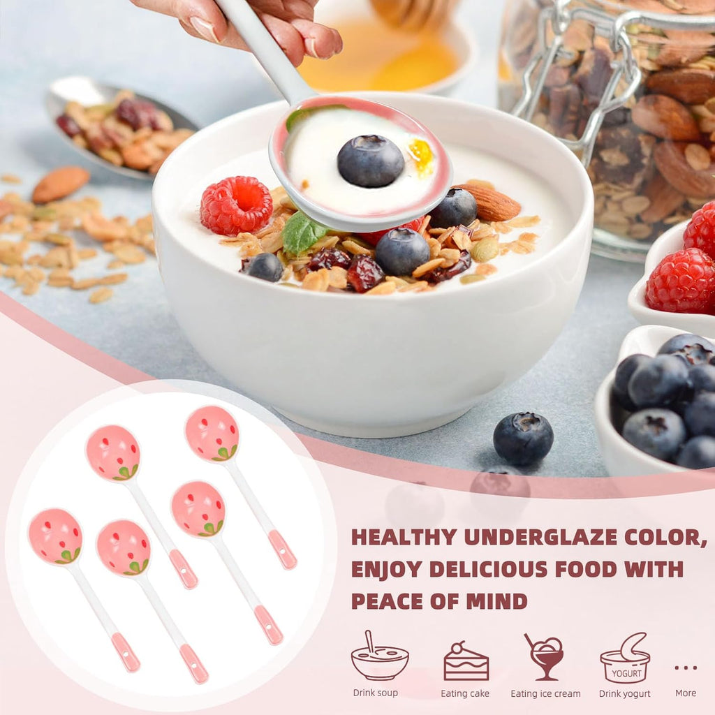 5 Pcs Ceramic Soup Spoons Cute Strawberry Spoons Long Handle Porcelain Tablespoons Reusable Dinnerware for Ice-cream Desserts Cereal Soup Yogurt (5)