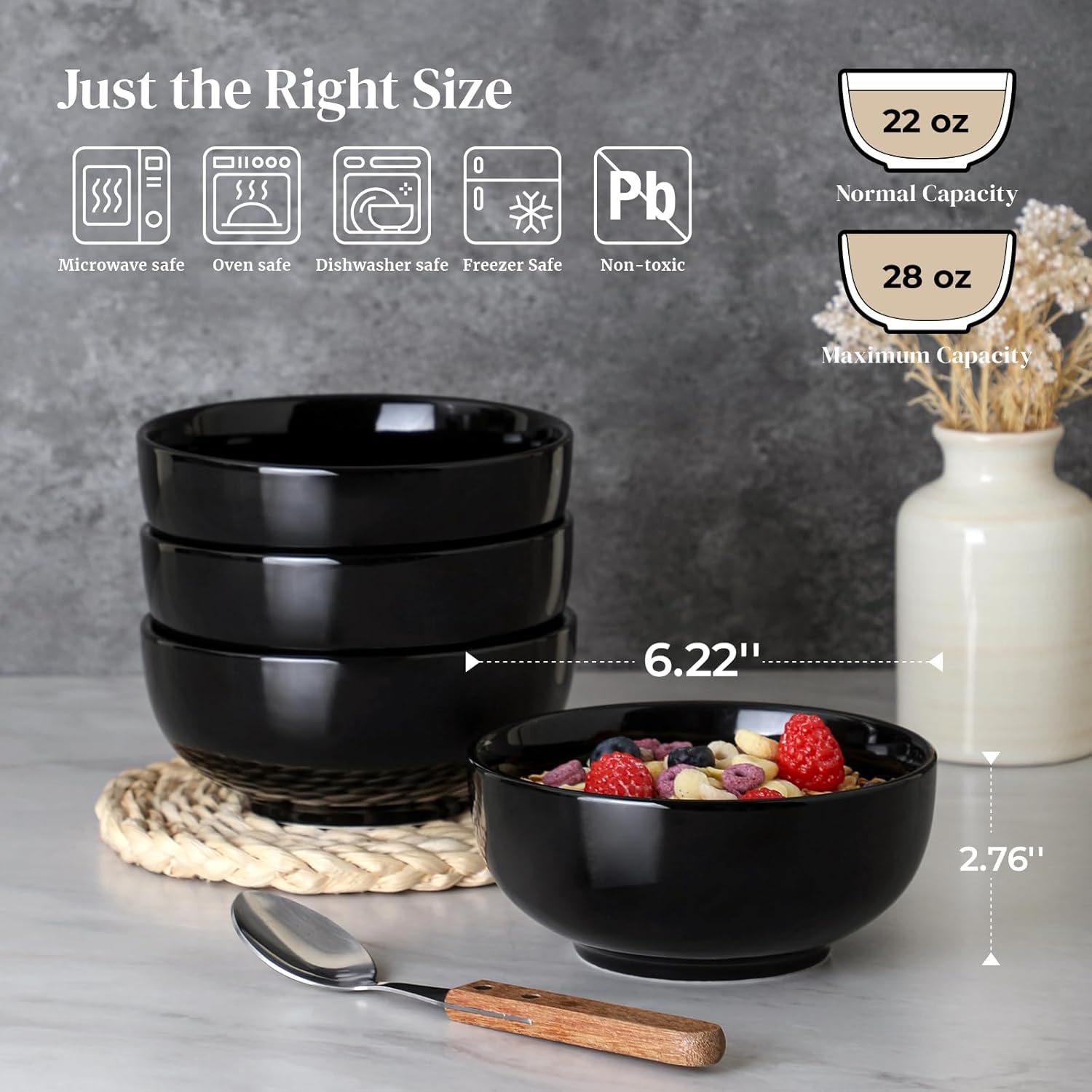 DOWAN 22 OZ Ceramic Soup Bowls & Cereal Bowls - 6" Classic Bowls Set of 4 for Soup  Cereal  Oatmeal  Fruit  Rice - Dishwasher & Microwave Safe (Black)