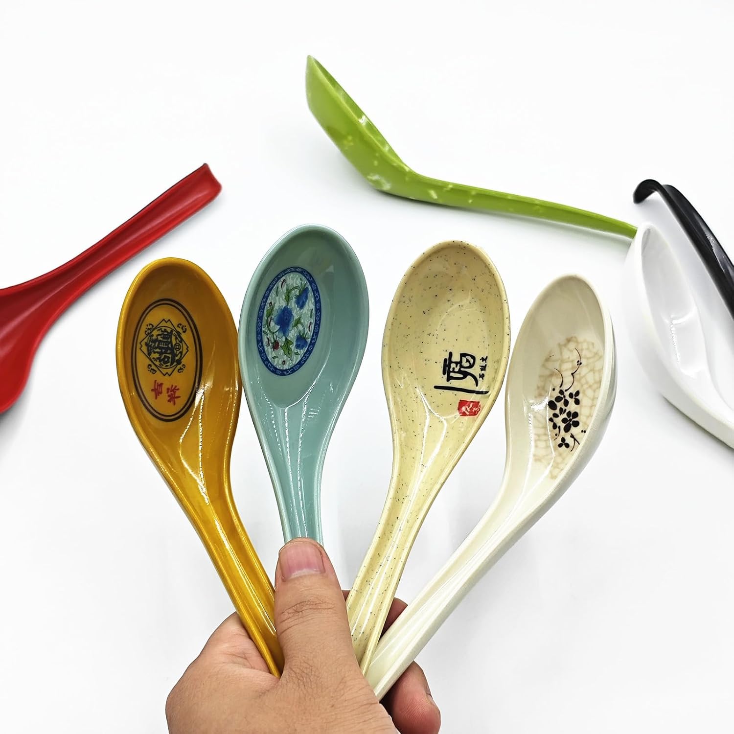 8Pcs Asian Soup Spoons Long Handle with Hook 8 Colors 6.5inch Chinses Soup Spoon for Ramen Wonton Soba Rice Noodle Kitchen Restaurant Party Gift