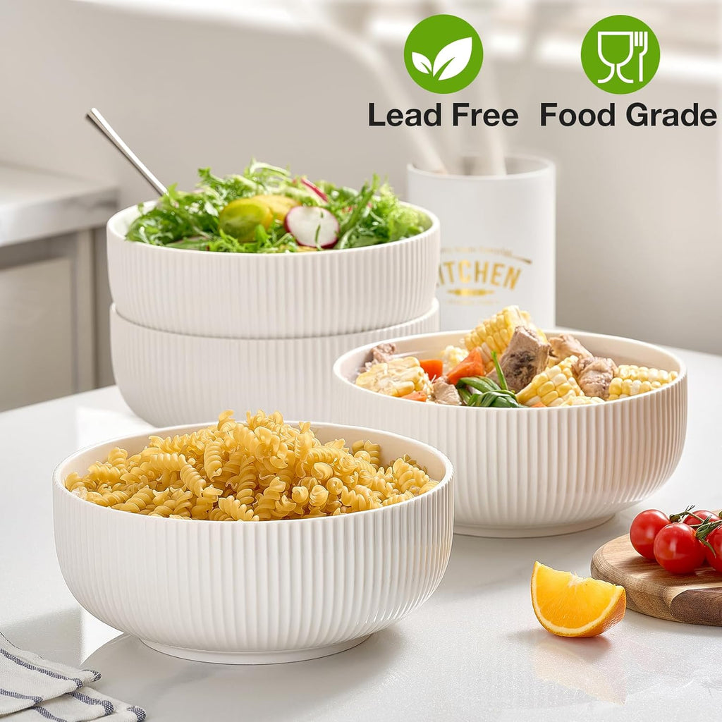 Mfacoy 2 Pack Salad Bowl  8 inch 60 oz Large Serving Bowl Set  Deep Bowl for Kitchen  White Ceramic Bowl Set for Soup  Cereal  Ramen  Pasta  Salad  Dishwasher & Microwave Safe  Easy Clean
