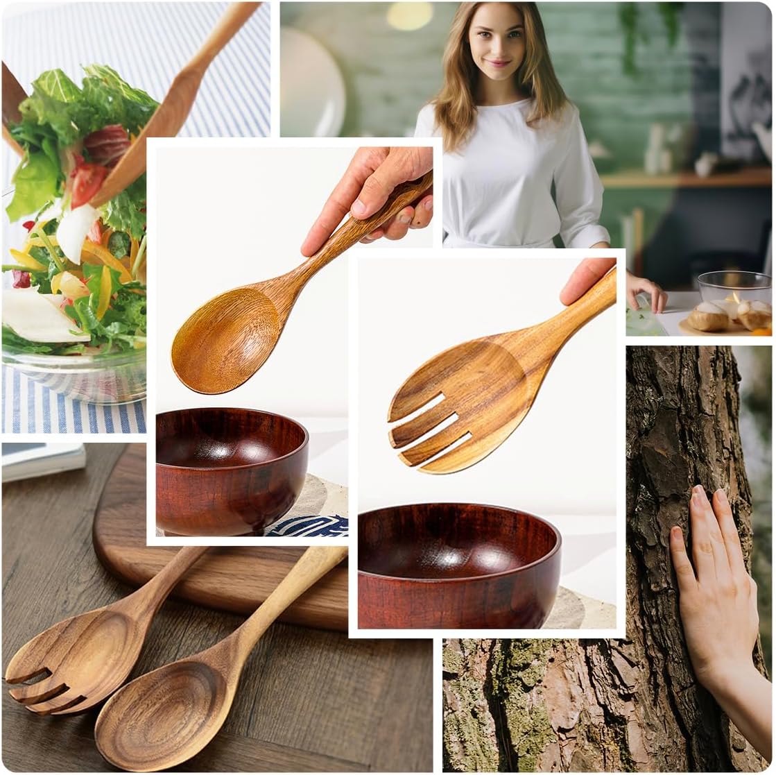 Teak Wooden Salad Spoon and Fork10.2-Inch  Wooden Salad Spoons and Sporks Set with Ergonomic Handle  Teak Wood Serving Spoons for Cooking (1 Spoon + 1 Fork)