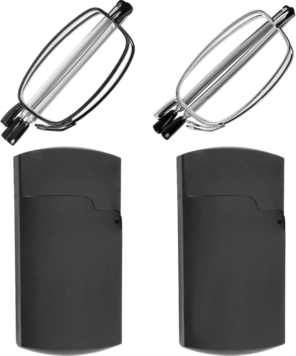 Success Eyewear Reading Glasses 2 Pair Black and Gunmetal Readers Compact Folding Unisex Glasses for Reading Case Included