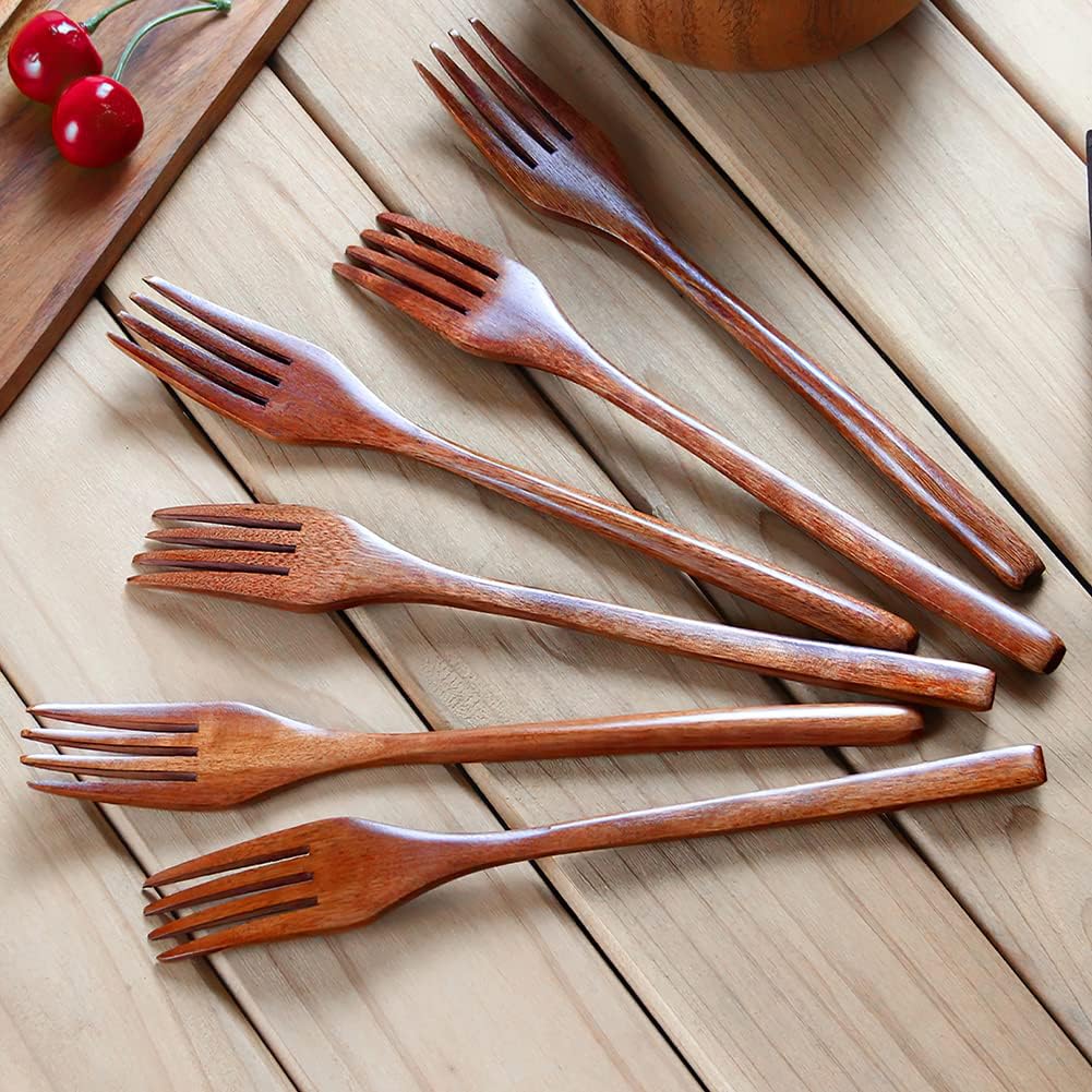 Forks Wooden Forks  AOOSY 6 Pieces Eco-friendly Japanese Wood Salad Dinner Forks Wooden Forks Set Reusable Handmade Natural Wood Flatware Set for Cooking Stirring Eating